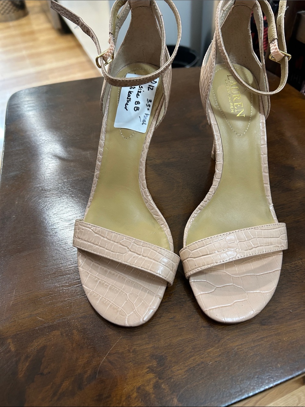 O12.   Lauren Ralph Lauren Pale Pink Croc-Embossed Ankle Strap Heels